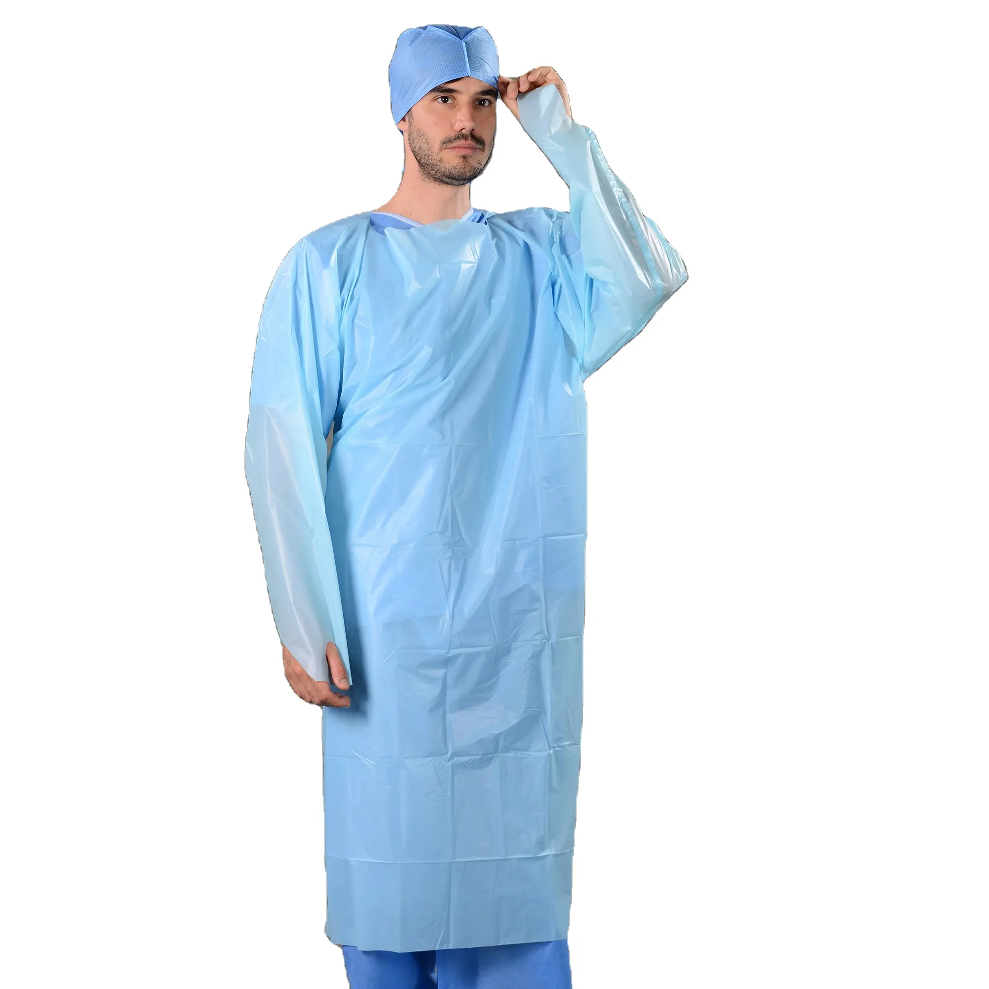 Topmed Wholesale blue medical waterproof disposable polyethylene plastic cpe surgical hospital isolation gown with thumb loop