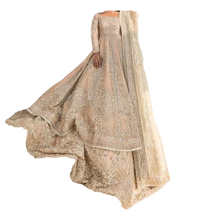 美丽的重型刺绣丝绸Anarkali Lehenga Choli Dupatta套装，配有水晶玻璃珠和达布卡，用于派对婚礼 - Product Image 4