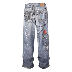 Vaqueros Rectos Holgados Distintivos de High Street para <span class=keywords><strong>Hombre</strong></span>, Estilo Vintage, Corte Real, Impresión Digital, Denim Oscuro, Populares en Primavera - Product Image 2