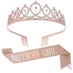 Aniversário Coroa Ombro Cinto Conjunto Strass Tiara Brilhante Ouro Rosa Cinto Aniversário Menina Rainha Etiqueta Acessórios Do Partido