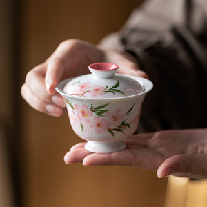 Hand Painted Peach Blossom Gaiwan Teacup With Lid Porcelain Kung Fu <b>Tea</b> <b>Set</b> Chinese Ceramic Household <b>Tea</b> Bowl - Product Image 2
