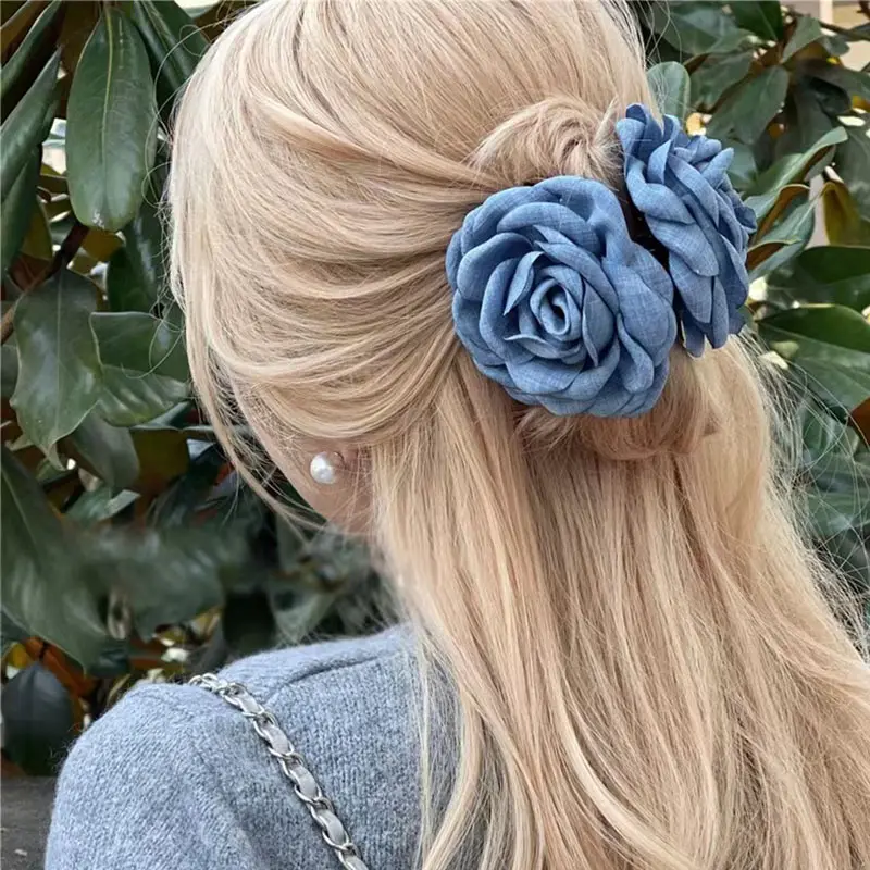 Vintage Blue Denim Rose Hair Claw Clip Girl Summer Elegant Flower Beauty Hairpin Women Fashion Vacation Dress Hair Accessories