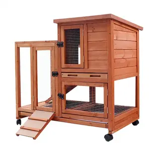Fengmu Wooden Indoor Outdoor Bunny Hutch Rabbit Cage on Wheels Guinea Pig Pet House for Small to Medium Animals Waterproof