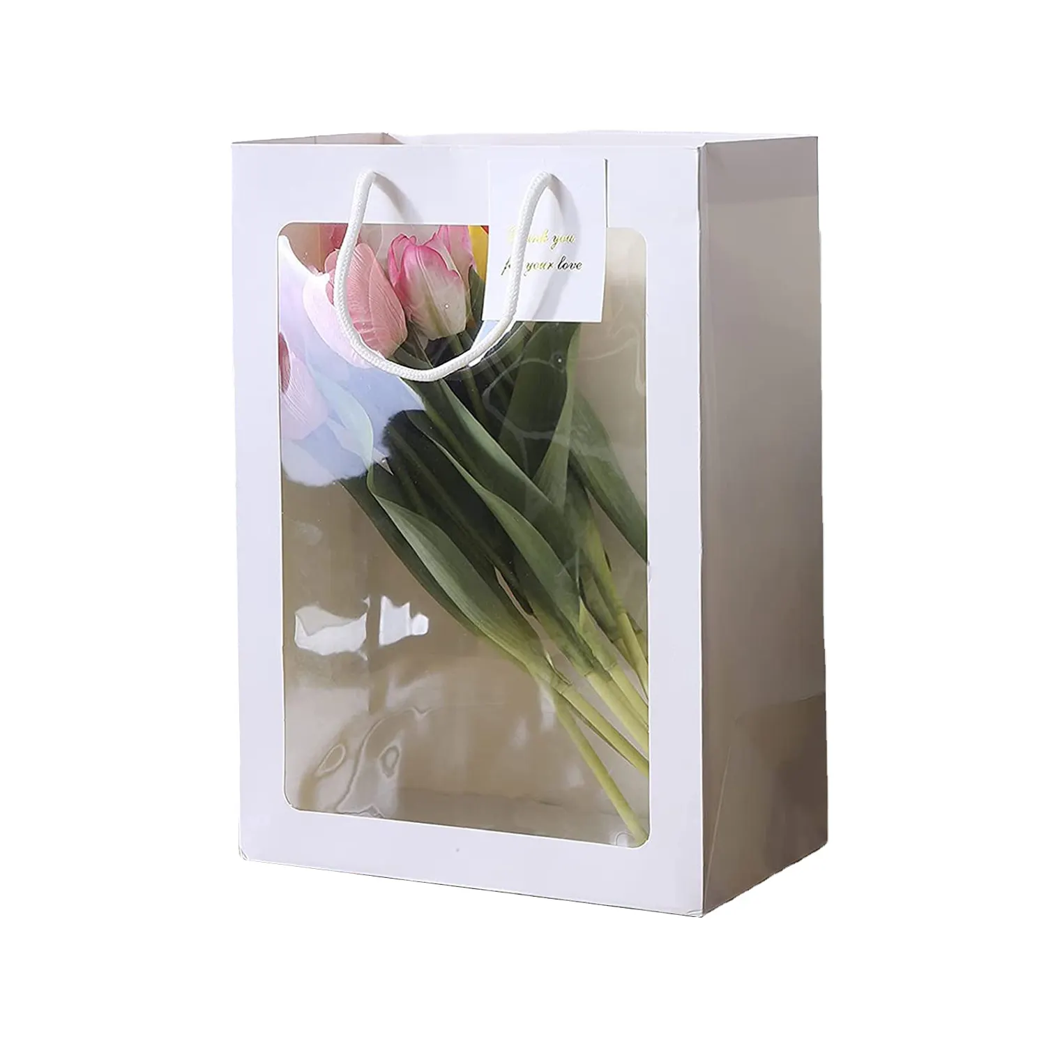 थोक पीवीसी खिड़की उपहार बैग लक्जरी शॉपिंग उपहार फूल पेपर बैग के साथ स्पष्ट खिड़की