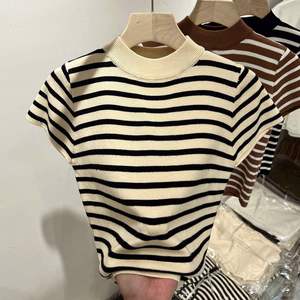 Summer Women's Casual Short-Sleeved Knitwear Half Turtleneck Striped <b>Top</b> with Slim Fit Made Polyester - Product Image 6