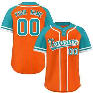 Camiseta de Softbol Personalizada con Rayas Naranja, Aqua y Blancas, Mangas Raglán, Dos Botones, Auténtica - Product Image 1