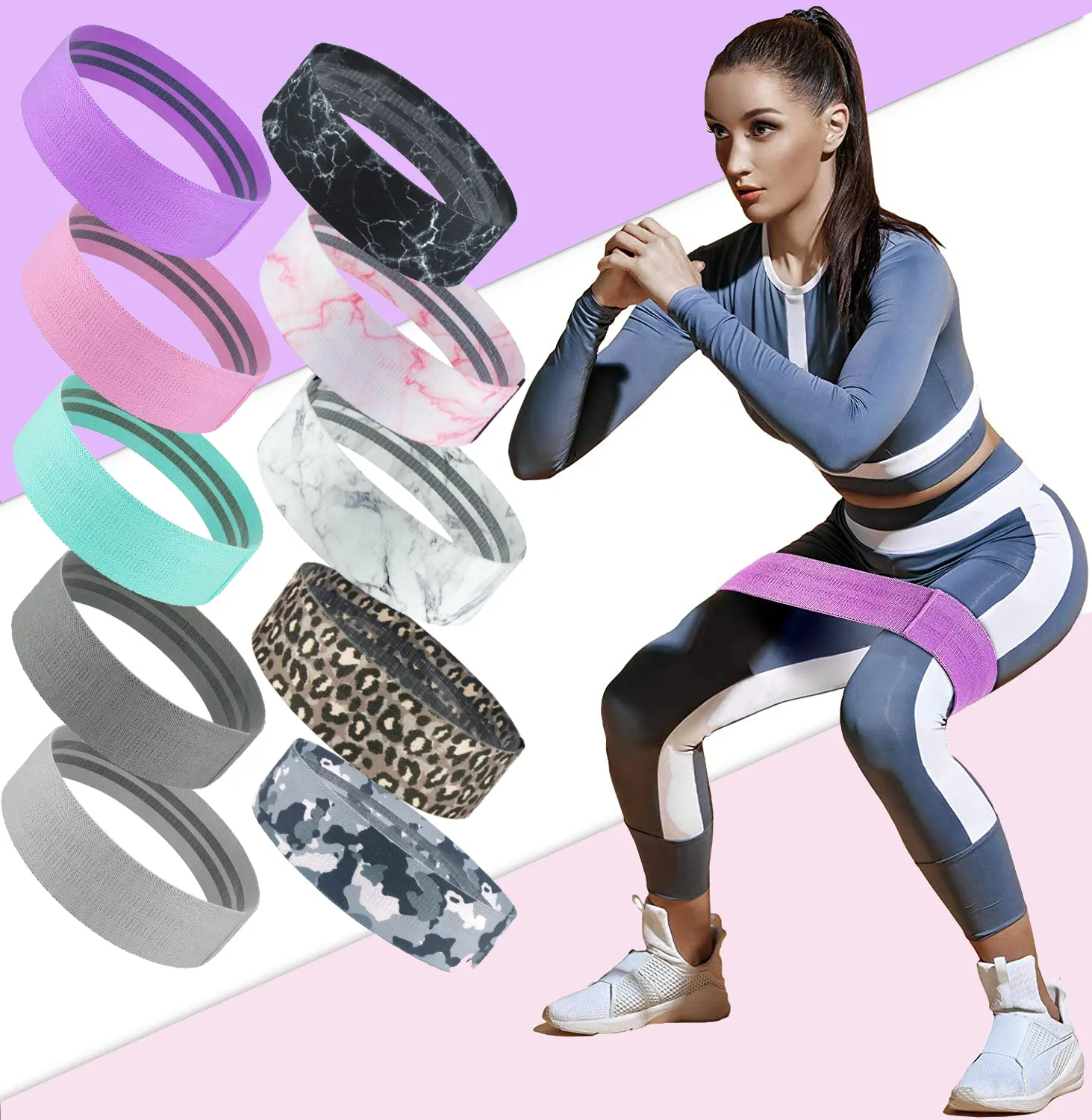 Tela de algodón marmoleada personalizada, bandas de ejercicio, Yoga, Oem, color negro púrpura, resistente al muslo