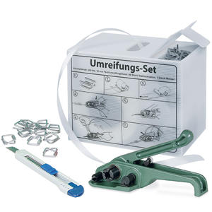 Umreifungs-Komplett-Set Mit Spenderbox + 1 Rolle Polyesterband 200 m Lang, 16 mm Breit + Bandspanner + 80 Metall-Verschlussklamm - Product Image 1