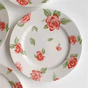 OUND-plato de cerámica blanco con estampado de flores, vajilla de cerámica para ensalada y Cena