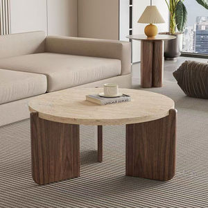 Mesa de Centro Redonda de Piedra Sinterizada para Sala de Estar, Mesa Baja Minimalista con Patas de Madera Sólida para Balcón - Product Image 4