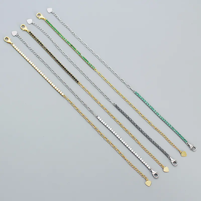 Delicate thin 18k gold 925 sterling silver chain half zircon tennis chain half paper clip chain bracelet