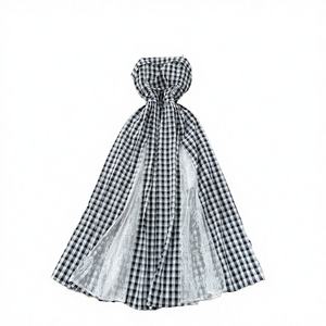 Summer Sustainable Breathable Vintage Woven Asymmetric <b>Tunic</b> Casual Midi <b>Dress</b> for <b>Women</b> Empire Plaid Patchwork Lace - Product Image 3