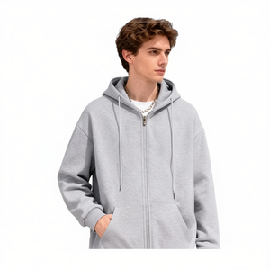 Sweat-shirt à capuche zippé surdimensionné pour homme en molleton bouclette, style décontracté, coupe classique, manches régulières, couleur unie, tricoté, idéal pour l'automne - Product Image 1