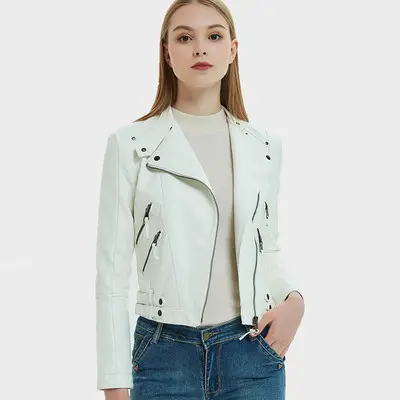 Blouson court en cuir Pu pour femmes, avec col montant et multiples fermetures éclair, nouveauté 2021