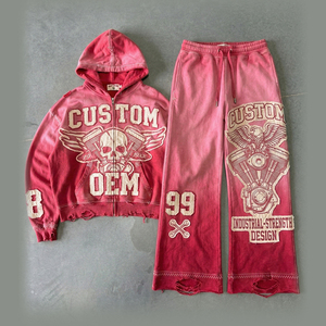 เสื้อฮู้ดดี้ผู้ชายทรงโอเวอร์ไซส์แบบวินเทจ ผ้าหนา 400 GSM พร้อมลายปักแบบแอพพลิเค่ตามสั่ง OEM  ชุดสองชิ้น - Product Image 1