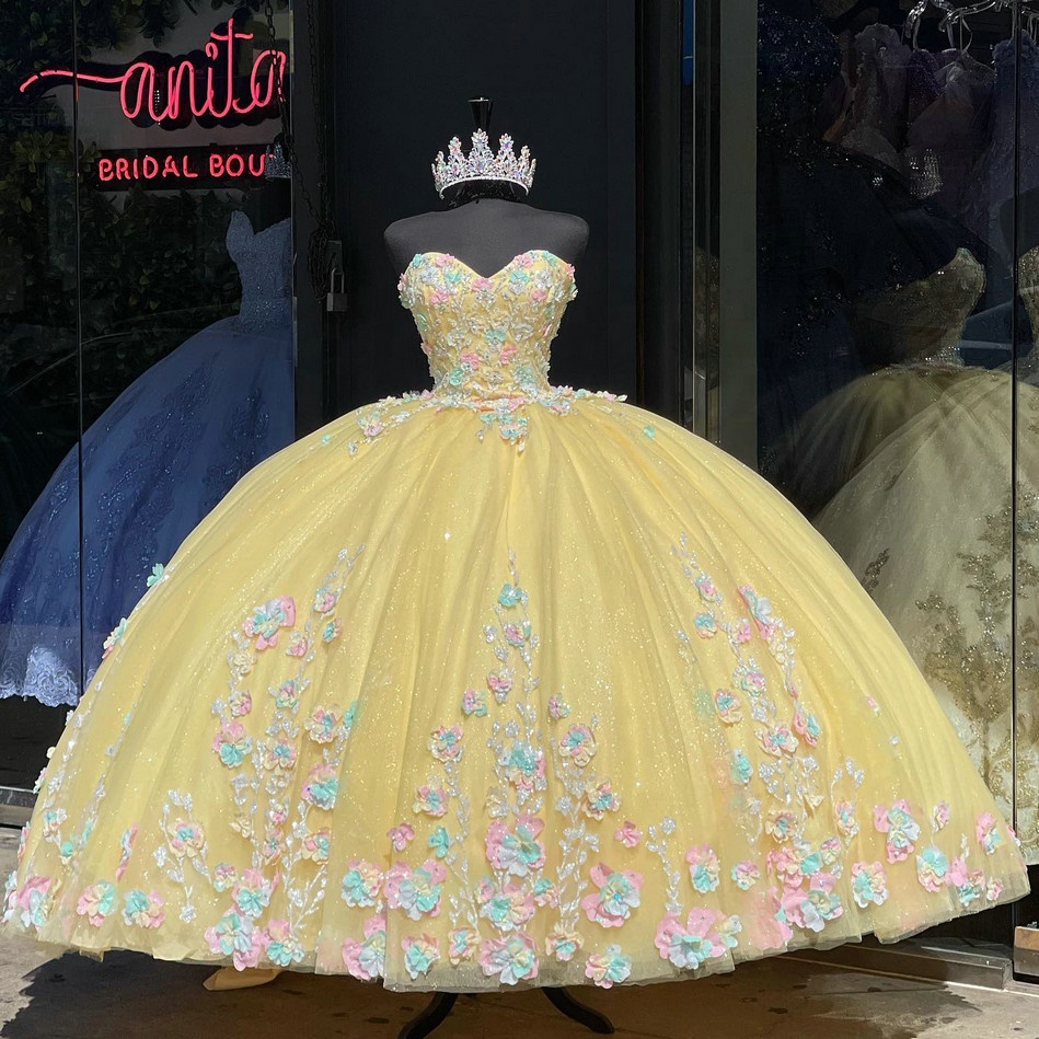 Wholesale Yellow Quinceanera Dress trapless Quinceanera Dresses Blue Flowers Quinceanera Dresses,2 Pieces
