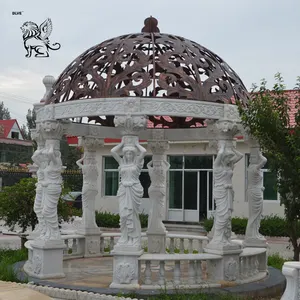 Modern büyük açık düğün dekorasyon doğal taş el oyma beyaz roma kabartma Pavilion mermer bahçe çardağı