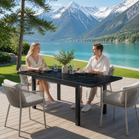Table de salle à manger extensible avec plateau aspect marbre, structure en aluminium noir mat, extension coulissante, table de patio gain de place
