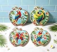 Sous-plat en céramique personnalisé en forme de macaw imprimé, motif floral tropical d'hibiscus, résistant à la chaleur pour cuisine et table
