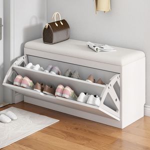 Banc à chaussures moderne blanc <span class=keywords><strong>avec</strong></span> coussin, organisateur de <span class=keywords><strong>rangement</strong></span>, étagère ouverte à 2 niveaux pour <span class=keywords><strong>entrée</strong></span>, salon, meubles de maison en bois - Product Image 2