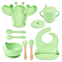 Ensemble de vaisselle pour bébé 8 pièces avec poignée en bois, compatible micro-ondes : bol, assiette homard, bavoir, assiette compartimentée, cuillère, fourchette, tasse