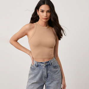 Women Ribbed Crew Neck Tank <b>Top</b> Solid Color Knitted Regular Length Casual Eco-Friendly Streetwear Front Breathable 100% Cotton - Product Image 1
