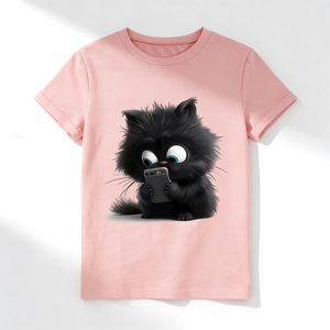 T-<span class=keywords><strong>shirt</strong></span> décontracté à manches courtes et col rond pour <span class=keywords><strong>femme</strong></span>, <span class=keywords><strong>motif</strong></span> <span class=keywords><strong>chat</strong></span> noir mignon style hip-hop, anti-plis et respirant, idéal pour les amoureux des chats - Product Image 1