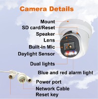 Cámara IP de Seguridad PoE de 5MP con Luz Estroboscópica Roja y Azul y Alarma de Audio, Comunicación Bidireccional, Detección Humana por IA, Hasta 512G SD, Metálica