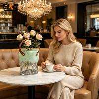 Vase en verre Millefiori soufflé à la main vert avec poignée en cuir, vase à fleurs transparent en forme de sac à main pour plantes hydroponiques