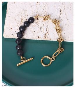 2023 Maatwerk Nieuwe Kralen Groene Stenen + Zwarte Lavastenen Armband Rvs Kettingschakel Ot Armband - Product Image 5