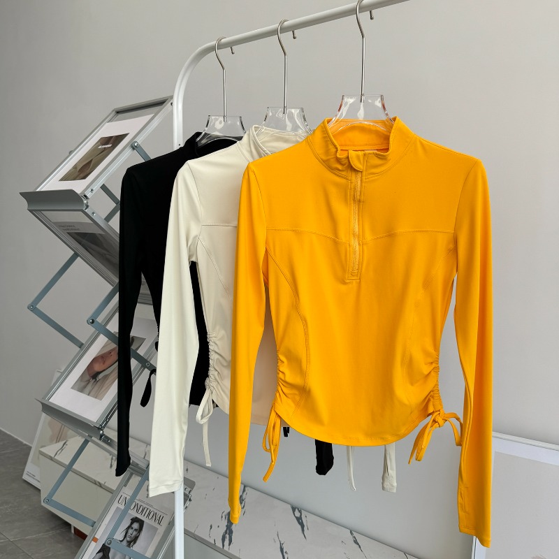 DK25065 Long Sleeved Fitness Suit Top Half Zipper Stand up Collar Drawstring Pleated Slim Fit Yoga Outfit for External Wear