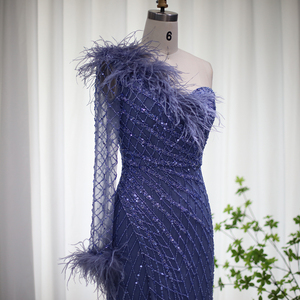 Robe de soirée sirène bleue élégante et sobre à une épaule avec perles de cristal naturel pour LSCZ18 - Product Image 3
