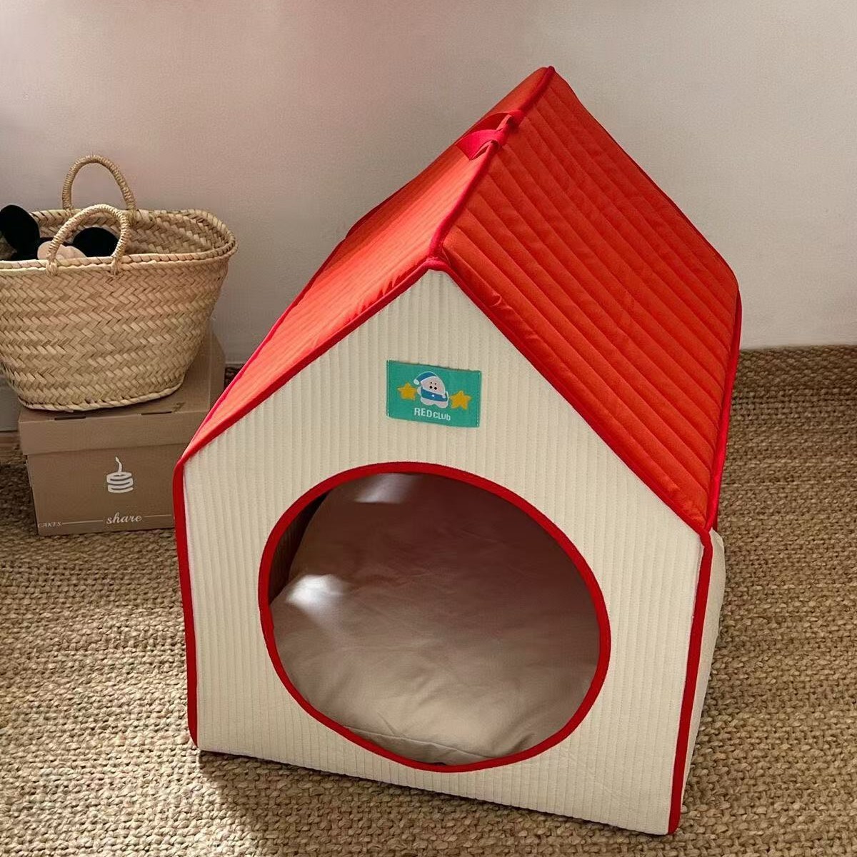 Red Pet House Tent Bed – Semi-Enclosed Cat & Dog Bed with Removable Washable Cushion - View 3
