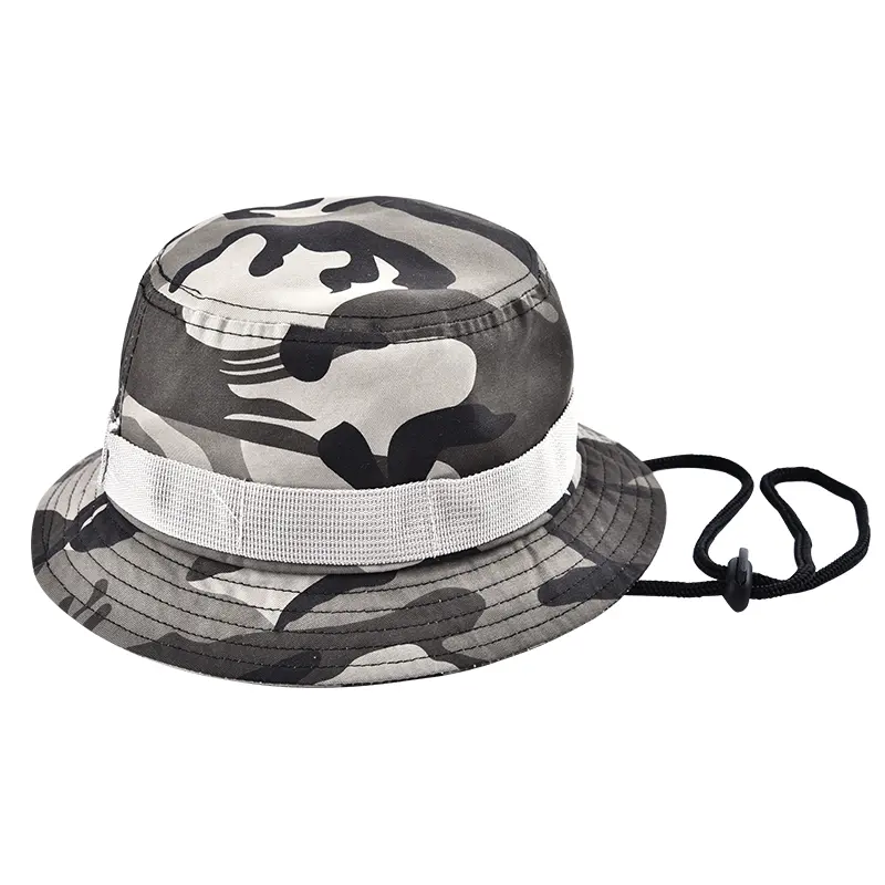 Groothandel Custom Zomer Outdoor Mannen Polyester Stof Camo Visser Emmer Hoed Met String