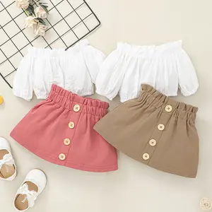 2022 Children Girls Off Shoulder Puff Sleeve Solid Color Blouse Suit Two Pieces New A-line Button Skirt Baby Summer Clothing