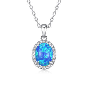 S925 Sterling Silver Oval White <b>Opal</b> Halo Pendant <b>Necklace</b> Dainty CZ Accent Vintage Engagement Wedding Rhodium Plated Jewelry - Product Image 2