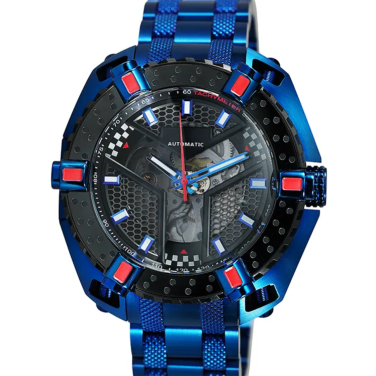 Reloj mecánico azul con diseño de rueda de moda para hombre, reloj Caballero de acero inoxidable, reloj luminoso resistente al agua de 100M de acero