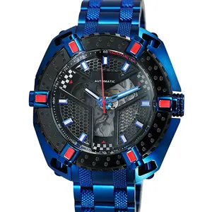 Jam tangan mekanis pria desain roda modis biru jam tangan pria baja tahan karat jam tangan pria bercahaya tahan air 100M baja