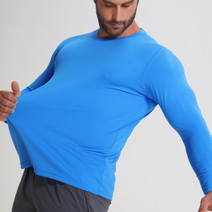 100% polyester à manches longues Dryfit col rond hommes chemise de sport Logo personnalisé couleur unie chemise bleue pour hommes - Product Image 4