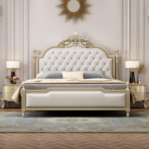 Luxury French Carved Wood Upholstered Tufted Bed <b>Frame</b> Master Bedroom Furniture King Queen Size Classic Double Bed for Villa - Product Image 1