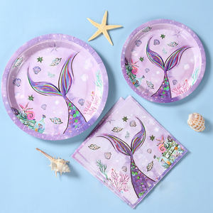 <span class=keywords><strong>Petite</strong></span> sirène joyeux anniversaire décorations ensemble assiettes en papier jetables gâteau Topper bannières toile de fond fête de bébé - Product Image 1