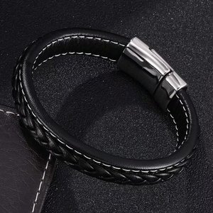 Nouveau Graver Logo Bracelet En Cuir <span class=keywords><strong>Noir</strong></span> pour Hommes Punk Tressé Corde En Acier Nouveau Bouton Mâle <span class=keywords><strong>Marin</strong></span> Bracelet Bijoux Cadeau D'anniversaire - Product Image 4