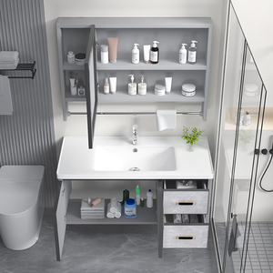 Armoire <span class=keywords><strong>de</strong></span> <span class=keywords><strong>salle</strong></span> <span class=keywords><strong>de</strong></span> <span class=keywords><strong>bain</strong></span> murale en aluminium spatial à double tiroir, étanche, avec lavabo en céramique intégré, options <span class=keywords><strong>de</strong></span> largeur multi-tailles - Product Image 5