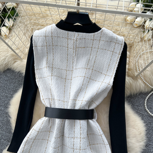Robe-veste en tweed sans manches polyvalente pour femme, deux pièces, avec ceinture à nouer et <span class=keywords><strong>haut</strong></span> en tricot, élégante et <span class=keywords><strong>chic</strong></span> - Product Image 6