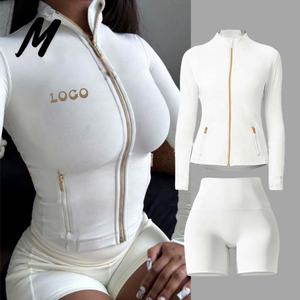 Set Giacca da <span class=keywords><strong>Donna</strong></span> di Alta Qualità, Tuta da <span class=keywords><strong>Palestra</strong></span>, Giacca con Zip a Manica Lunga e Pantaloncini, Completo Sportivo da <span class=keywords><strong>Donna</strong></span> in 2 Pezzi - Product Image 1