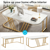 Bureau de direction moderne en or blanc, grand bureau large avec plateau en bois et métal, bureau de luxe pour PDG, pour bureau et salle d'étude