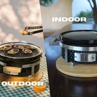 Nouveau gril Hibachi rond de table portable avec support en acier inoxydable et poignée en bambou pour barbecue intérieur et extérieur