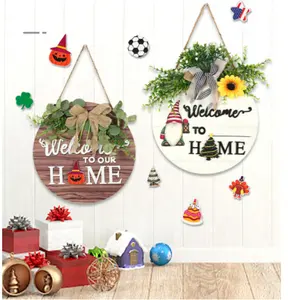 Stock Wooden Wall Art Decor Welcome Decoration Door Sign Green Plant Hanging Picture Christmas Wall Decoration Art For Home