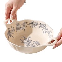 Bol en céramique sous glaçure, style coréen vintage, floral, moderne et minimaliste, à double anse, compatible micro-ondes, pour soupes, nouilles et fruits