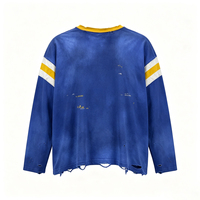Sweat-shirts à capuche bleu et jaune, style vintage, épais, avec manches à rayures contrastées, effet usé et trous, en coton délavé soleil, style streetwear